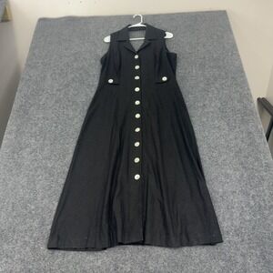 Vintage Virgo Dress Womens 12 Black Linen Rayon Button Front Sleeveless Maxi 90s